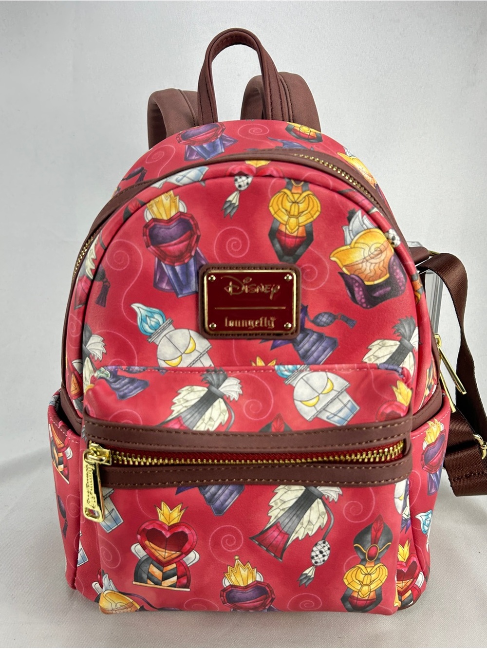 Loungefly Red Villains Patterned Mini Backpack with Gold Hardware